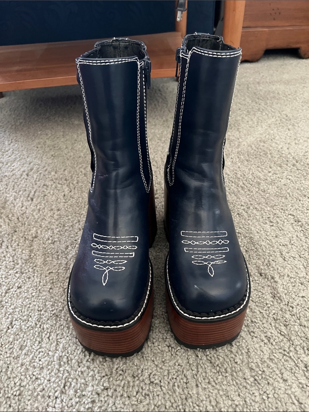 Dolls Kill Navy Platform Ankle Boots with Brown Wood Stack Heel